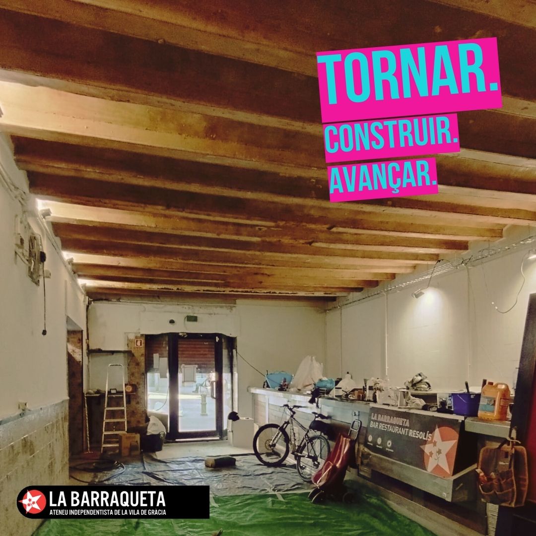 Fa un mes que el bar Resolís #ViladeGràcia és ple de morter, eines, escales, pots de pintura... Ens preparem per la reobertura, amb <a href="/voltescoop/">Voltes cooperativa d'arquitectura</a>, el Pedro i la resta de paletes i les mans de veïnes i companyes.

Noves jornades de feina:
avui, dilluns 12 i dimecres 14, de  17 a 21h