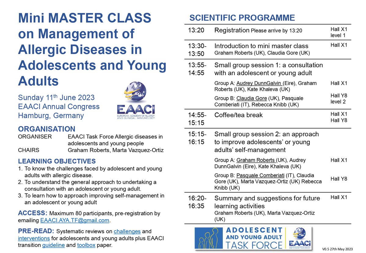 📢Join our mini MASTER CLASS! #EAACI2023 Learn how to improve self-management of #adolescents and #YoungAdults with #allergies and #asthma! 🗓️Sunday 11th June Register📧EAACI.AYA.TF@gmail.com @ProfGRoberts @marta_allergy @rebeccaknibb81 @pascomber @EAACI_JM @FlorinDanPopesc