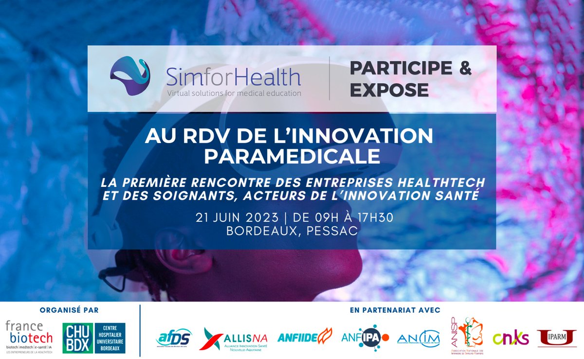 🚀[France Biotech] SimforHealth participe au 1er rdv de l’innovation paramédicale organisé par @CHUBordeaux et @FranceBiotech ! 🤩Retrouvez notre équipe pour présenter nos solutions numériques pour la formation paramédicale. 🗓️21 juin 📍Bordeaux 📌simforhealth.fr/agenda/france-…