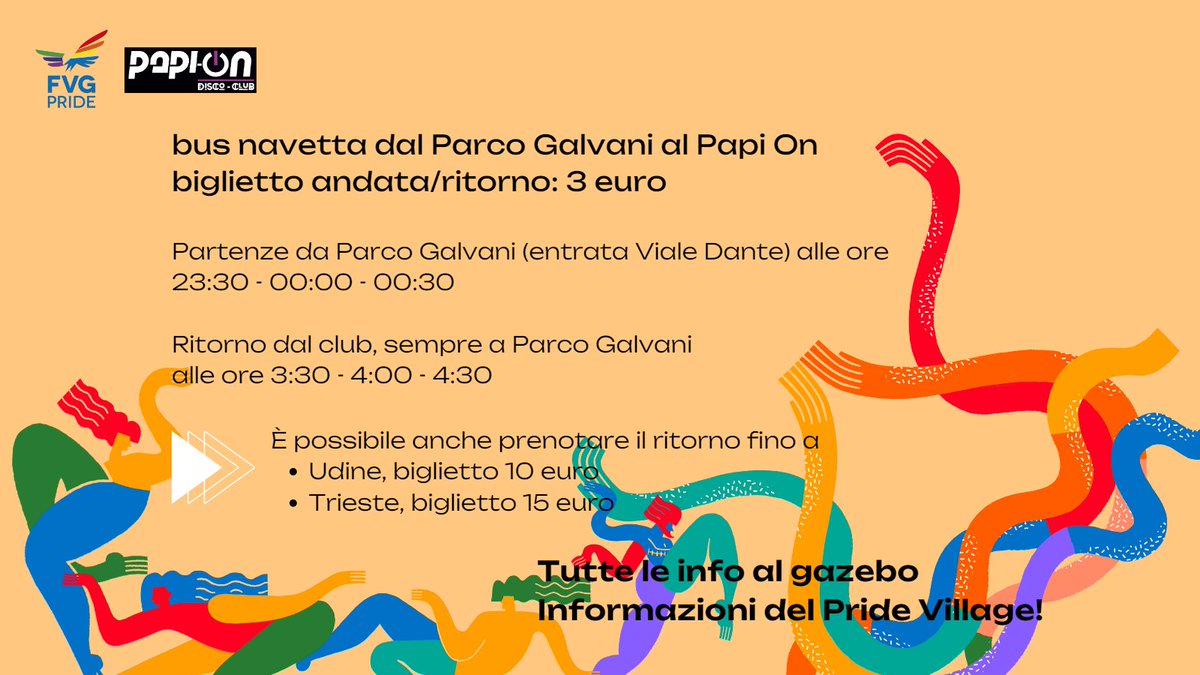 PRONT3 A SALIRE A BORDO? 🚌💨💨

Non sapete come arrivare al favoloso after party?#FVGPride pensa a tutto! 

Per prenotazioni e info venite al banchetto Informazioni al Pride Village sabato, dalle 10:00 fino alle 15:00! 

Trovate tutto sui nostri social e sul nostro sito!