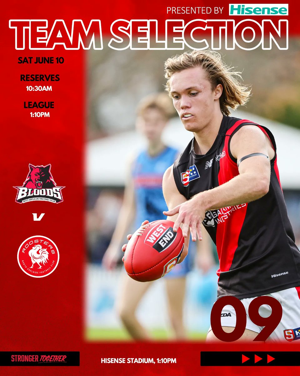 Our teams to face the Roosters are in 🤝🏻

Link for teams: westadelaidefc.com.au/news/round-9-t…

Reminder earlier start time than usual, Reserves starting at 10:30am followed by the League at 1:10pm

#Bloods #StrongerTogether