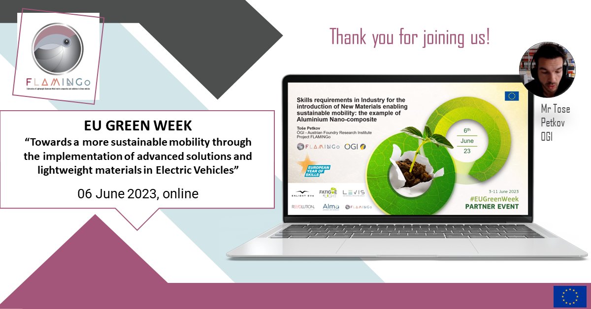 FLAMINGoPH2020's tweet photo. 💻 🗣️ On June 6th Tosé Petkov from #ÖGI represented the @FLAMINGoph2002 project at the #EU Green Week #Enlight EV´s Cluster Event focusing on skills needed in the industry to introduce new materials enabling sustainable mobility.
#flamingo #h2020 #sustainable #green_week #gw23 https://t.co/HFOV3ITl9N