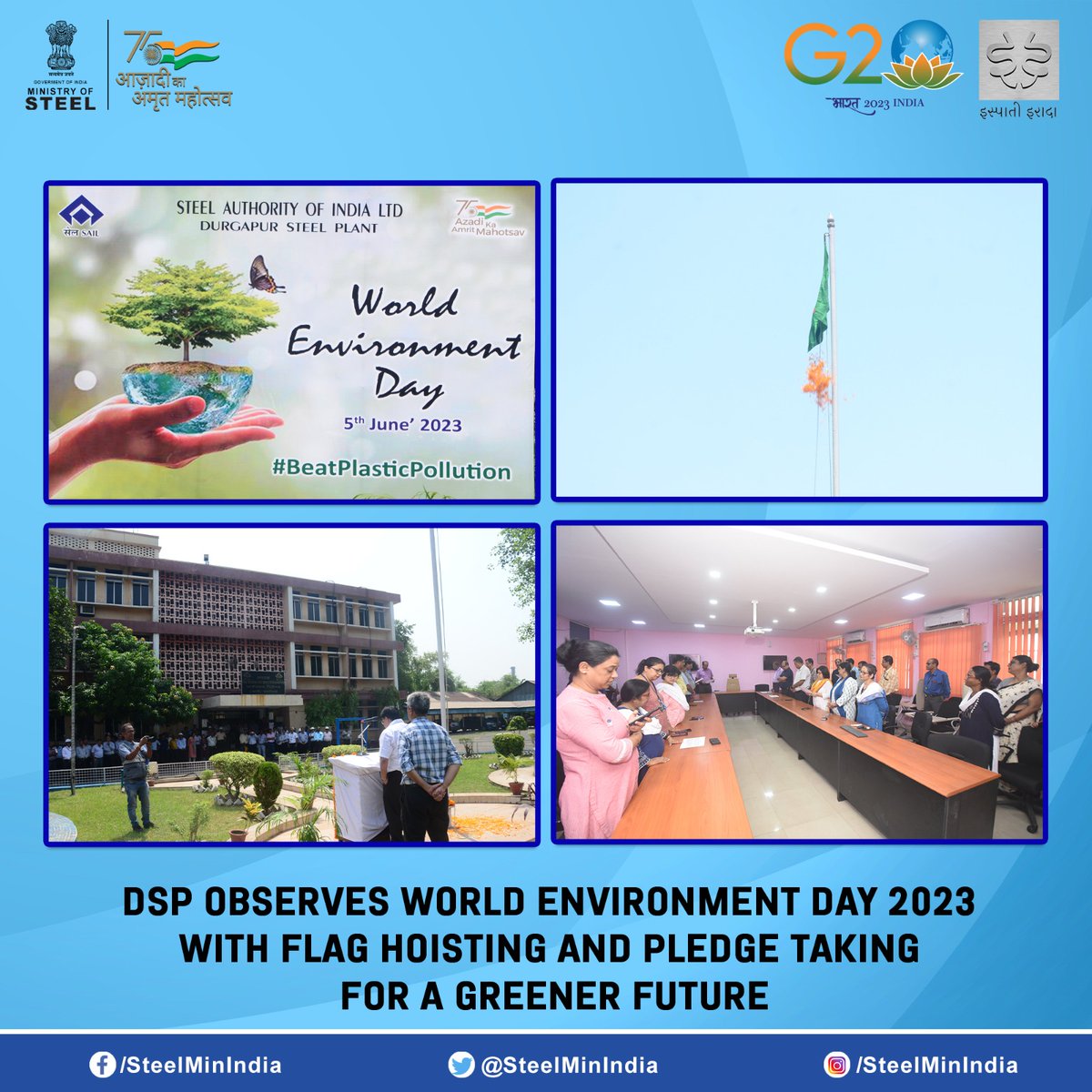 SteelMinIndia's tweet photo. डीएसपी में #WorldEnvironmentDay 2023! 🌍🌿
ईडी (वर्क्स) श्री डी. घोष ने प्रतिबद्धता का प्रतीक पर्यावरण ध्वज फहराया। सेंटर फॉर एक्सीलेंस में एमएम विभाग ने एक स्थायी भविष्य के लिए संकल्प लिया।
#SAIL #EnvironmentalCommitment #FlagHoisting #PledgeTaking #GoGreen https://t.co/ugQwzZpAnu