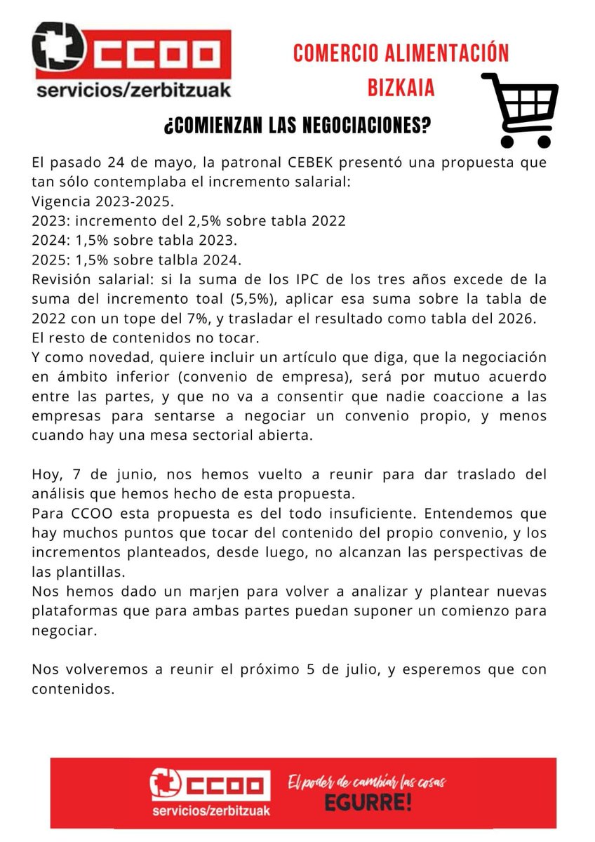 zerbitzuakccoo's tweet photo. CCOO valoramos como insuficiente la propuesta de #cebek ,las plantillas de Comercio Alimentación de Bizkaia necesita un convenio justo.
#Bizkaia #comercio #hitzarmenduina
#SalarioOConflicto
Más info👇 https://t.co/gLcgipXExj