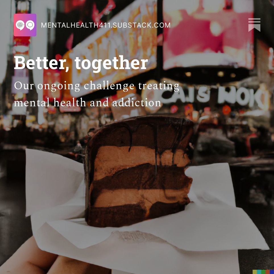 The evidence is clear - when we treat #mentalhealth and addiction together, people get better. Our challenge is that our systems are set up to treat the pieces not the whole. Seems like this needs to change.  

mentalhealth411.substack.com/p/better-toget…