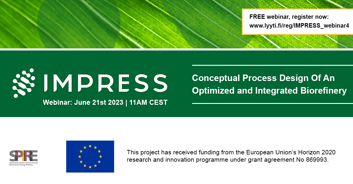 📢 The next IMPRESS Project H2020 #Webinar is on the way!

🔥 Topic: Conceptual Process Design Of An Optimized and Integrated Biorefinery
🗓️ 11:00 (CEST) Wed. June 21st
➡️ lyyti.fi/reg/IMPRESS_we…

<a href="/ASPIRE_P4Planet/">A.SPIRE</a> #impress_h2020 #biobased
#ProcessDesignCenter #PDC #Lenntech