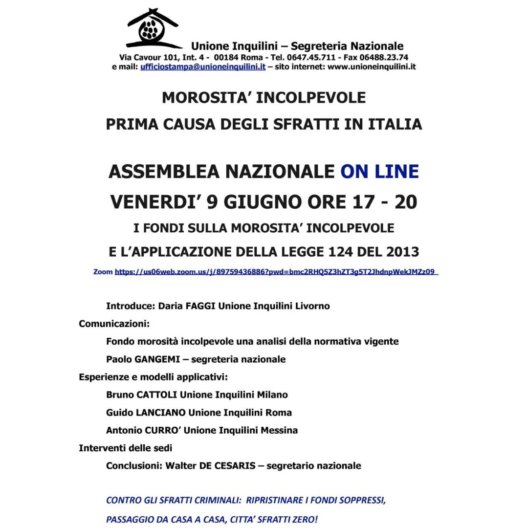 #Unioneinquilini #Morosità incolpevole, prima causa degli #sfratti che avvengono nel nostro Paese, una vera e propria #emergenza ormai.
"I fondi sulla morosità incolpevole e applicazione della Legge 1124 del 2013", #assemblea nazionale (on-line), venerdì 9 giugno, ore 17-20.