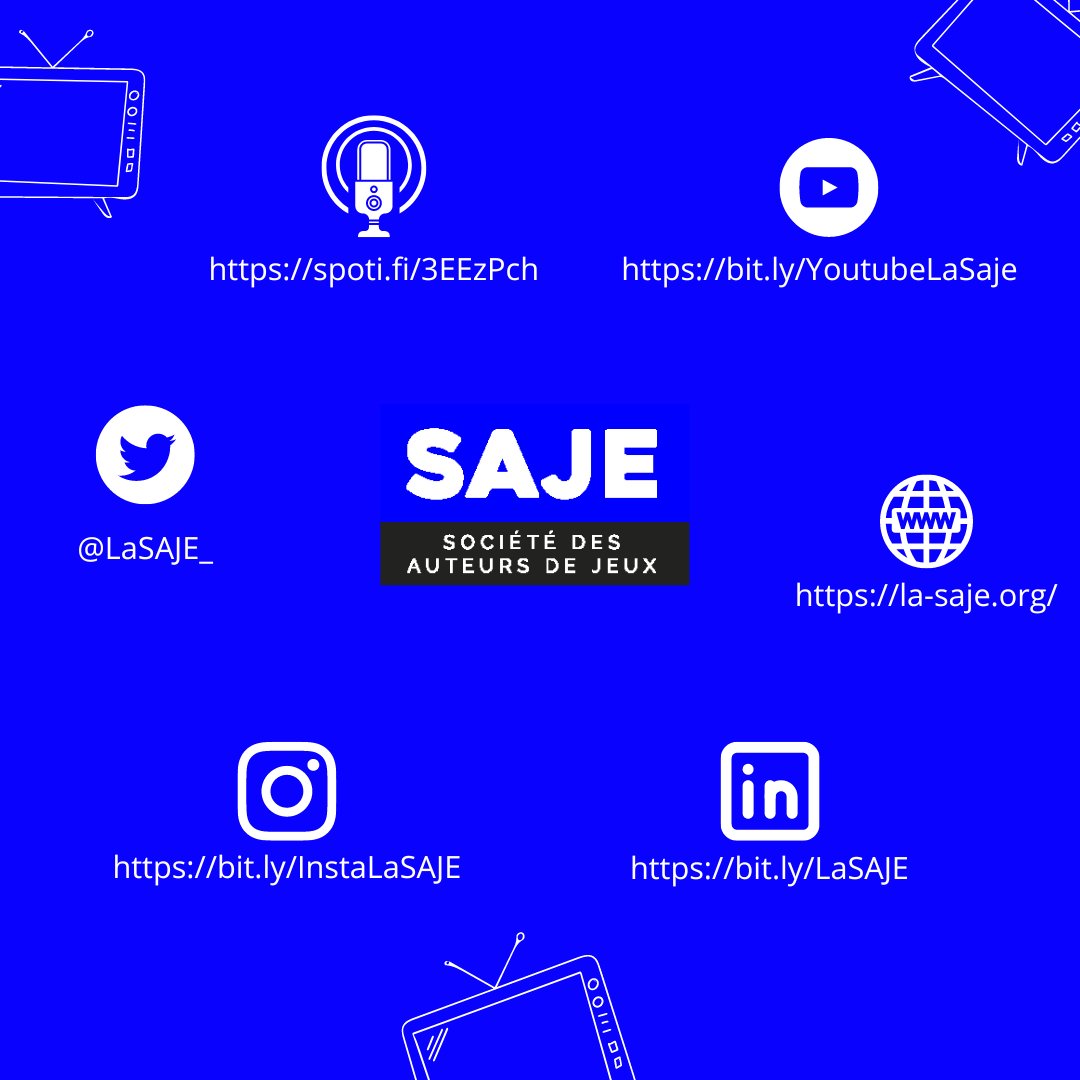 <a href="/LaSAJE_/">La SAJE - Société des Auteurs-Scénaristes de Jeux</a>   c'est aussi un profil #Linkedin, #instagram et une chaine de #podcasts ! Pour rester informé de  nos dernières actualités et celles de nos membres, n'hésitez pas à nous suivre sur ces différents canaux. Envie de devenir membre ou d'en savoir plus sur nous ? MP
