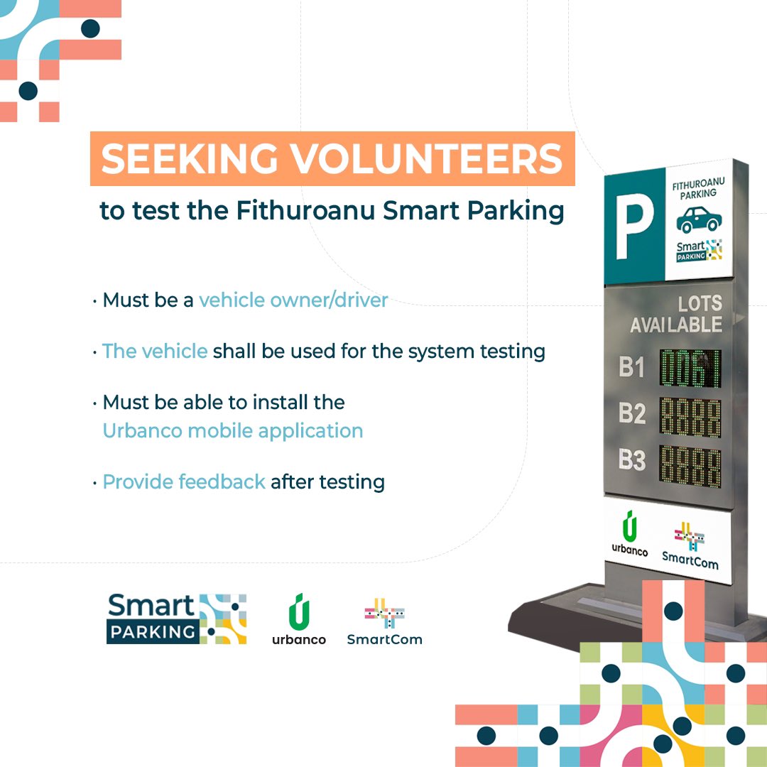 hdcmaldives's tweet image. We are seeking volunteers to test our new Smart Parking Solution. If interested, please sign up at bitly.ws/HHdb before 13th June 2023.

@SmartCommv 
#MyHulhumalé #enablingconnectedcommunities #UrbancoMv #Urbanco