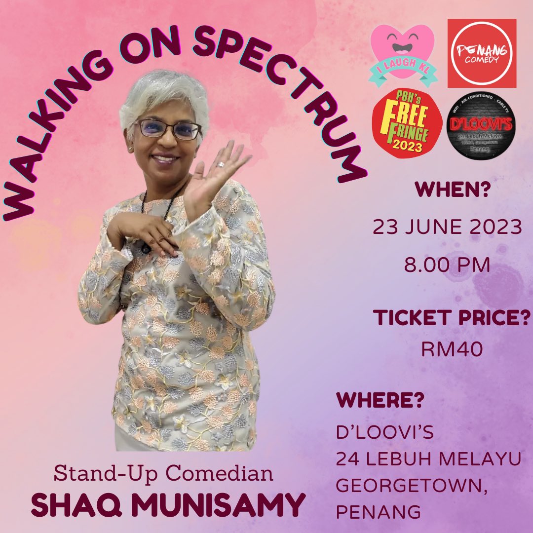 mxjulianaheng's tweet photo. Performing stand-up comedy in “Walking on Spectrum @ Penang” is SHAQ MUNISAMY!
Date : 23 June 2023
Time : 8.00pm - 10.00pm
Venue : D’Loovi’s, 24, Lebuh Melayu, Georgetown, Penang
Ticket Price : RM40
Get your tickets 🎟 here :
https://t.co/7JoJGeOPhF
#penangcomedy https://t.co/e1L9agTFtr