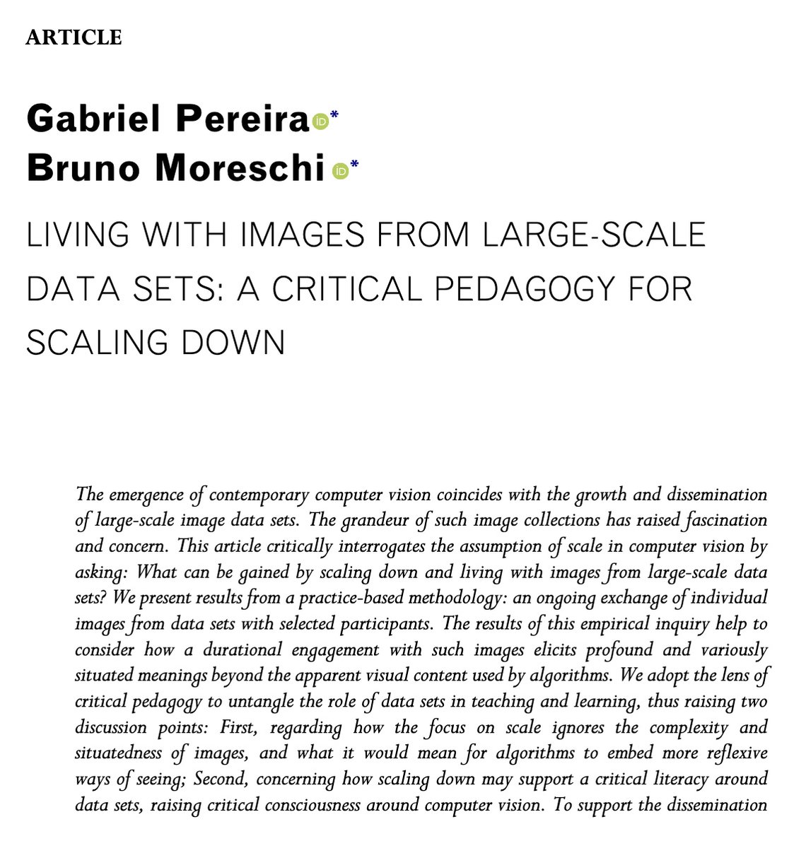 Gabriel Pereira (@gabrielopereira) and Bruno Moreschi (<a href="/BrunoMoreschi/">Bruno Moreschi</a>)

Living with Images from Large-Scale Data Sets: A Critical Pedagogy for Scaling Down 

From The Politics and Practices of Computational Seeing.

doi.org/10.1080/175407…