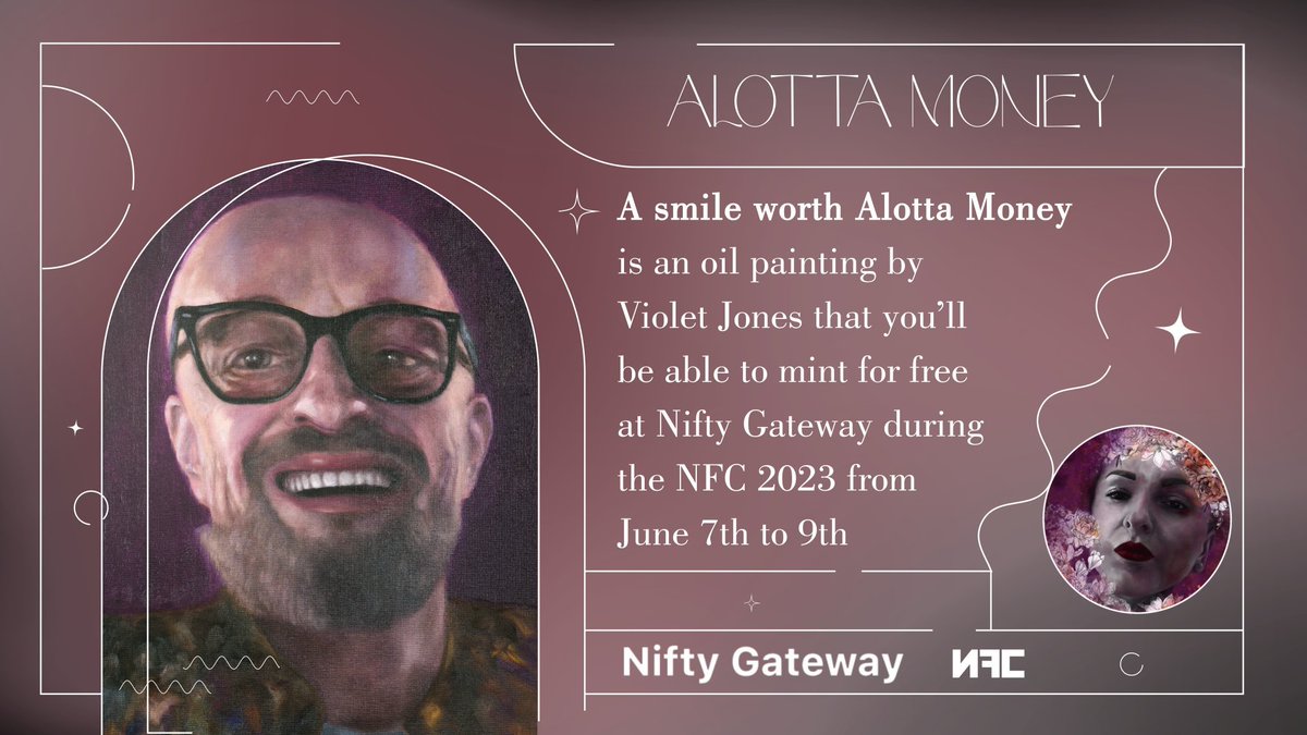 RealmissNFT's tweet photo. " @money_alotta was a friend and a legend to us all. With his art and with his words he always put a smile on everybody’s face''

 A SMILE WORTH ALOTTAMONEY

 Free OE on Niftygateway by:
@ViolettaPJones ❤

#NFTs https://t.co/lWppHluTcZ