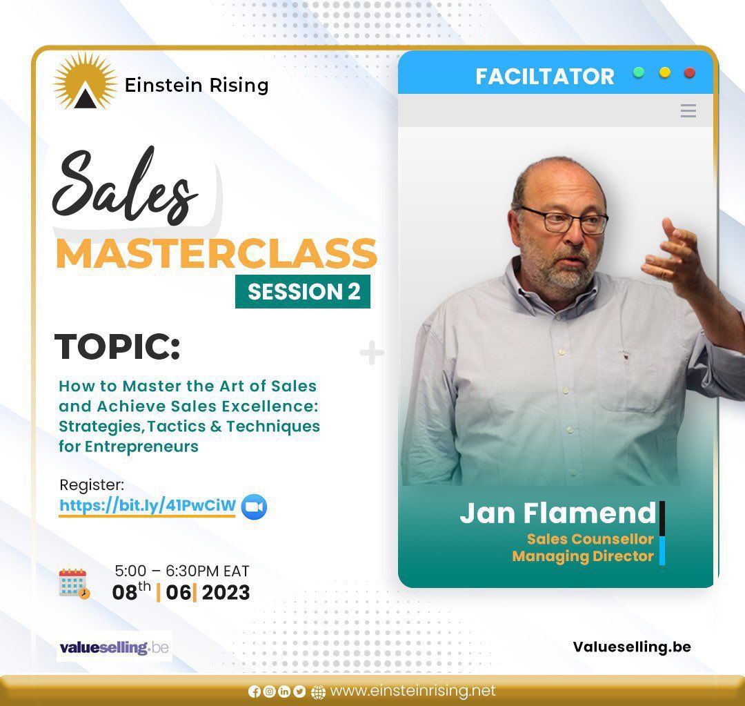 EinsteinRising's tweet image. Last Chance! ⏰ 

Join us today at 5pm EAT for our exclusive #SalesMasterclass with industry expert Jan Flamend. 

Don&apos;t miss the opportunity to elevate your business&apos;s sales to new heights. 

Register now 👉 bit.ly/41PwCiW and unlock the secrets of sales success!