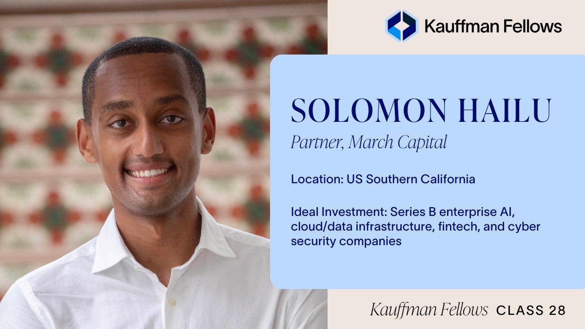 Kauffman Fellows (@kauffmanfellows) on Twitter photo Solomon Hailu is a Partner at <a href="/MarchCPs/">March Capital</a> where he primarily invests in fintech and enterprise software. Solomon was featured in Forbes 30 Under 30 for VC in 2021 & recognized on Insider’s 2022 Rising Stars list. He also serves on the Board of <a href="/BLCKVC/">BLCK VC</a>. kauffmanfellows.org/fellows/solomo… Solomon Hailu is a Partner at <a href="/MarchCPs/">March Capital</a> where he primarily invests in fintech and enterprise software. Solomon was featured in Forbes 30 Under 30 for VC in 2021 & recognized on Insider’s 2022 Rising Stars list. He also serves on the Board of <a href="/BLCKVC/">BLCK VC</a>. kauffmanfellows.org/fellows/solomo…