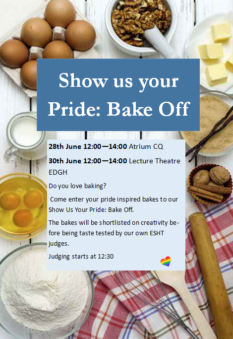 ESHTEquality's tweet photo. Calling all bakers! It is time for you to show off your skills at our 'Show us your Pride: Bake Off' 

For those who prefer to eat cake, you can get your hands on the showstopper at the cake sale following judging 🧁#Pridemonth @ESHTNHS @RobertTricker @esht_lgbtqi https://t.co/yAX7CmDyEe