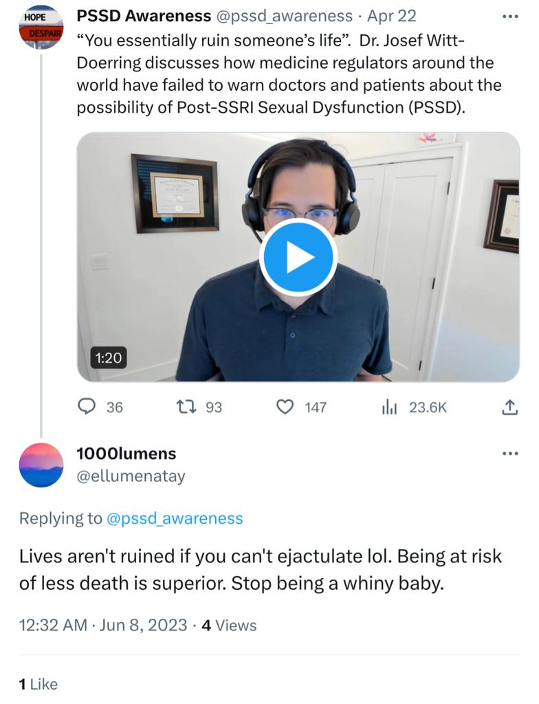 BadPSSDTakes's tweet photo. Tell me you don't understand PSSD without telling me you don't understand PSSD.

🤡 https://t.co/Z4FZpYMd7d