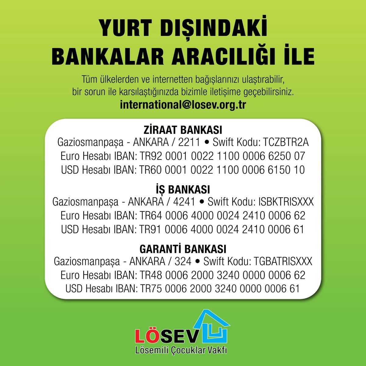 losev1998's tweet photo. Yurt dışından lösemili çocuklara nasıl bağış yaparım?
Bankalar aracılığı ile tüm ülkelerden bağışlarınızı ulaştırabilirsiniz💚
Kredi kartı kullanan ve kartı yurt dışı işlemlere 3D Secure ile açık olan bağışçılarımız Online Bağış sayfamızdan bağışlarını ulaştırabilir✅ https://t.co/ZGIgLSi6wC