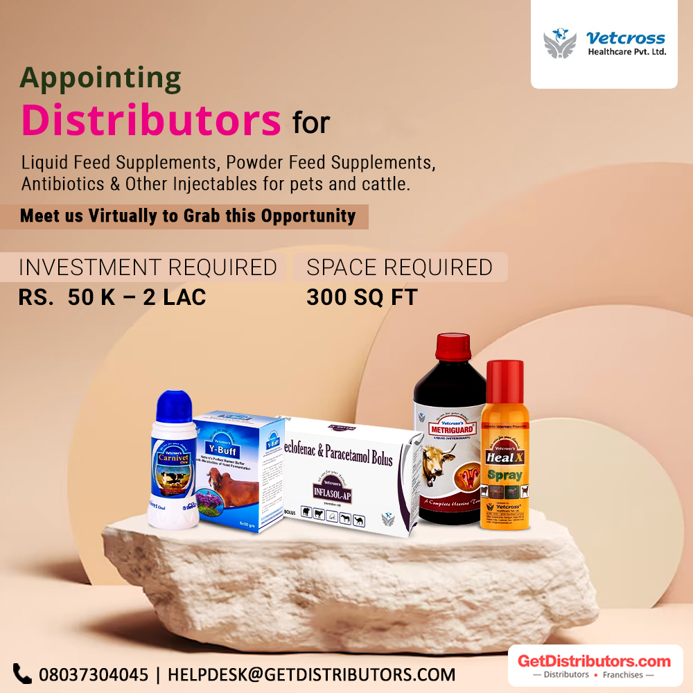 Required #Distributors for Liquid Feed Supplements, Powder Feed Supplements, Antibiotics & Other Injectables for pets and cattle. Meet us Virtually.
Complete details 👉 bit.ly/3uDWMHE

#CattleFeed #CattleFeedSupplements #PetsMedicine #Distributorship #Dealers