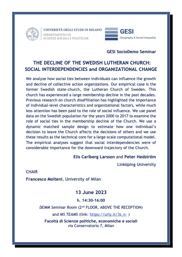 gesi_project's tweet photo. Save the date for the #GesiSocioDemo_Seminar on 
Tuesday 13 June, h. 14:30 with Elis Carlberg Larsson,
at
@LaStatale
DEMM Seminar Room (2nd FLOOR, ABOVE RECEPTION – via Conservatorio 7, Milan) and MS TEAMS (link: https://t.co/Nd67ZCKL9o ) https://t.co/d7meee9ljH