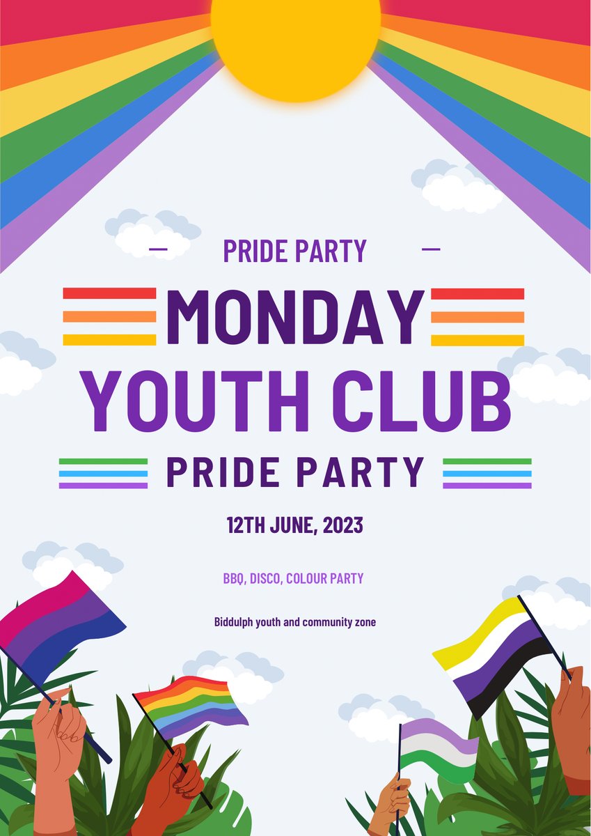 Who's coming to our Youth Club Pride Party next week?🌈
Monday 12th June 6:30pm - 8:30pm.
Enjoy a BBQ, disco and colour party!
No need to book. 
@BiddulphHigh @JamesBatemanJun @Woodhouse_Acad 

#BYCZ