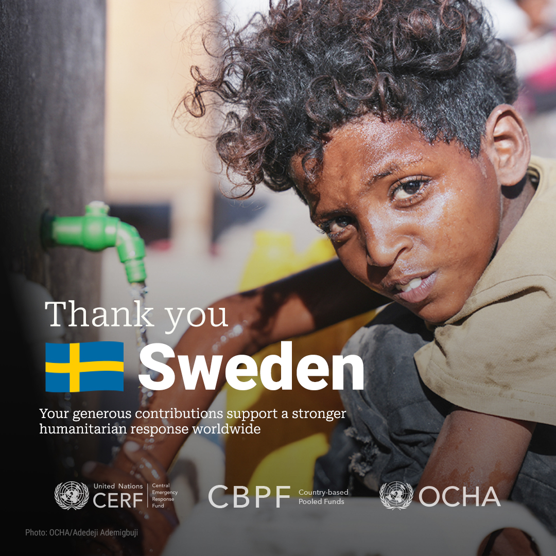 Flexible funding is vital for humanitarians to provide people with life-saving aid in emergencies.

#OCHAthanks Sweden🇸🇪 for being a longstanding top donor to @UNOCHA, @UNCERF & @CBPFs. Your support means we can help the world’s most vulnerable people.

#InvestInHumanity