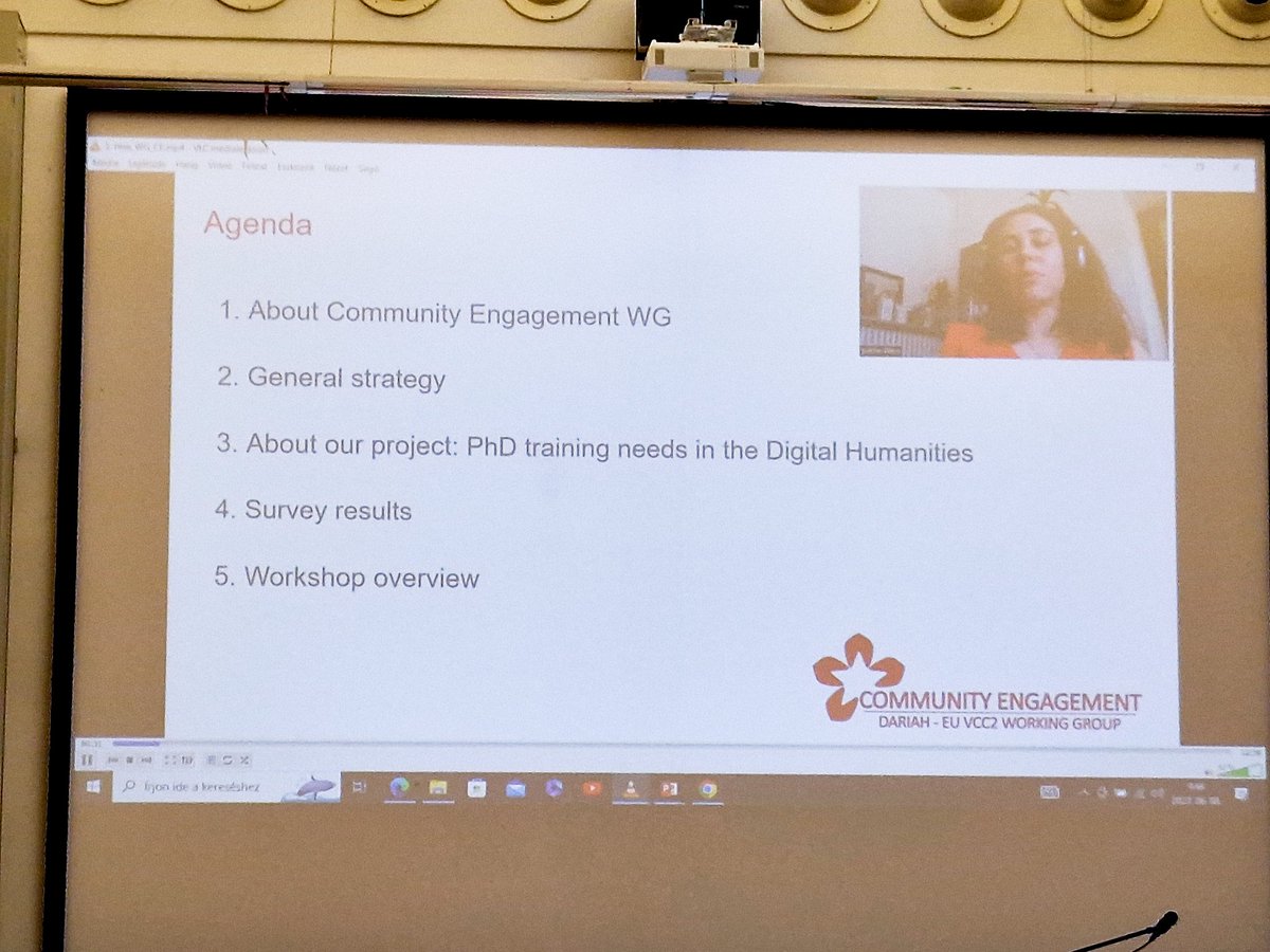 Presenting from afar, the <a href="/CE_DARIAH/">Communities DARIAH</a> Working Group give an update on their project investigating PhD DH training needs, all very helpful for our #TrainingandEducation strategic pillar! #DARIAH2023