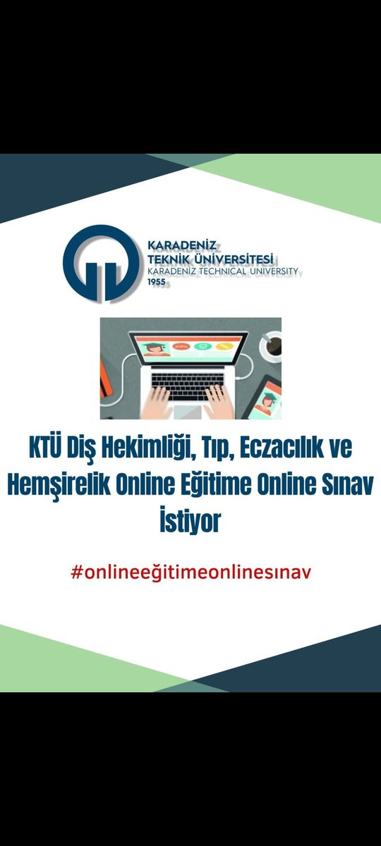 KTÜ Diş ,Tıp, Eczacılık ve Hemşirelik Fakülte öğrencileri olarak eğitimde fırsat ve imkan eşitliği ve online derslerin finallerinin  online olmasını istiyoruz. 
Değerli rektörümüz, talebimizi göz önünde bulundurmanızı arz ederiz..
#onlineeğitimeonlinesınav <a href="/erolozvar/">Erol Özvar</a> <a href="/profcuvalci/">Prof.Dr. Hamdullah Çuvalcı</a>