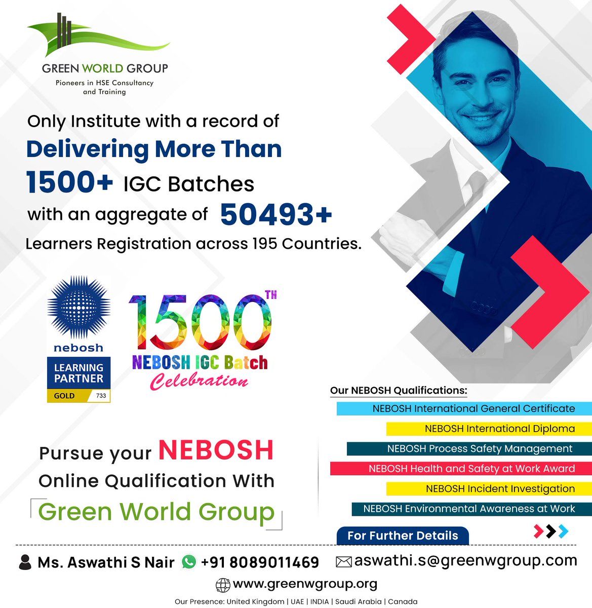 Pursue your #NEBOSH Online Qualification with #GreenWorldGroup  Only Institute with a record of delivering more than 1500+ NEBOSH IGC batches with an aggregate of 1,40,140+ Learners Registration across 195 Countries! Enroll in most Trusted Health & Safety Qualifications!