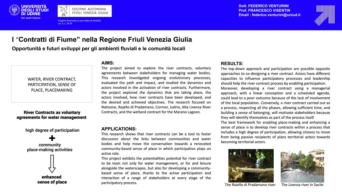 Research poster for the project 'The River Contracts in the Friuli Venezia Giulia Region: Opportunities and Future Development for the Fluvial Environments and the Local Communities' Supervisor: @francesco_vise #water #rivercontract #participation uniud.it/it/ricerca/lav…