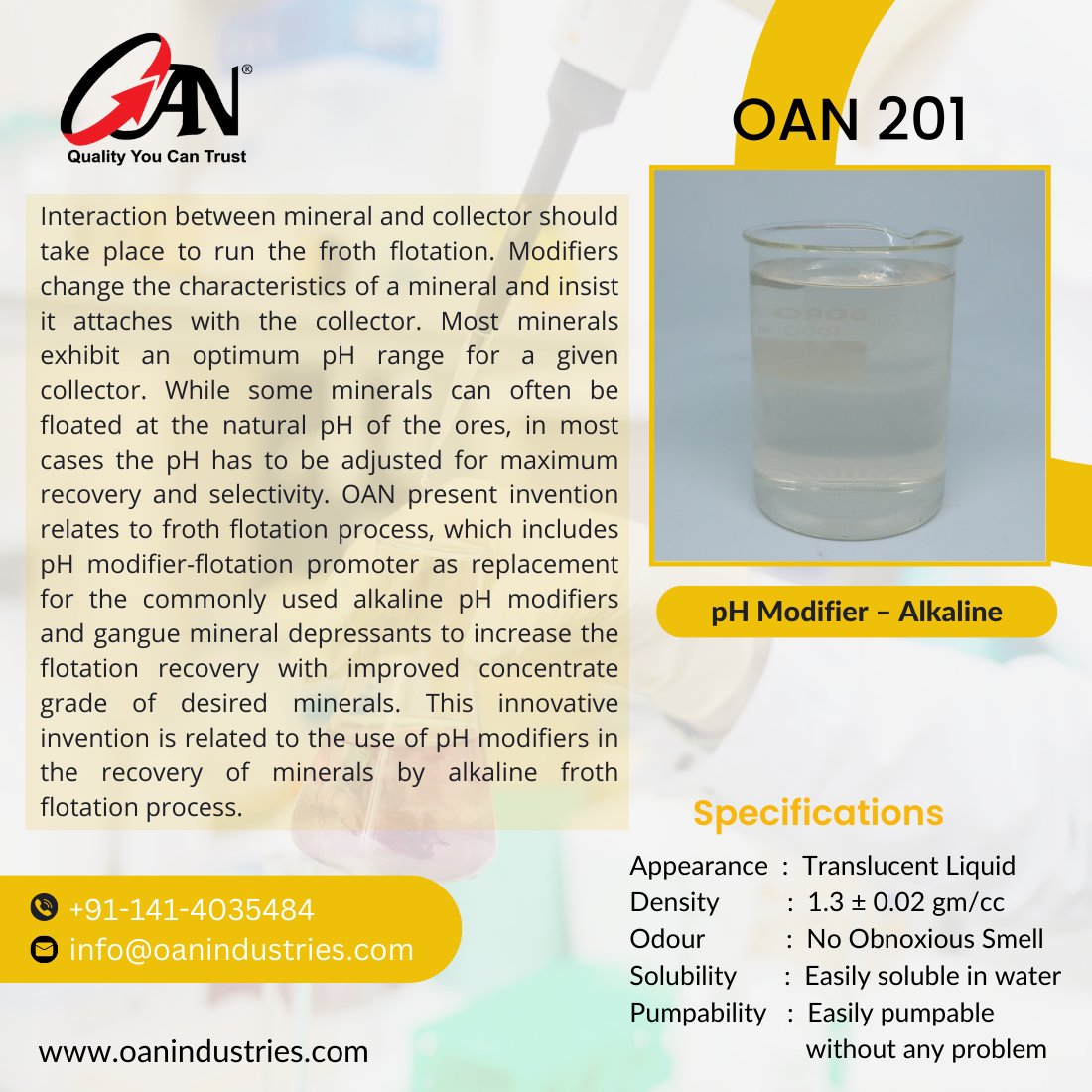 oanindustries's tweet photo. OAN 201 - ph Modifier-Alkaline
#phmodifier #alkaline #mining #miningadditives #collector #frothflotation #phrange #mineralores #miningrecovery #flotationrecovery #chemicalmodifiers #chemicalmanufacturing #oanindustries https://t.co/UcK75WnHVd