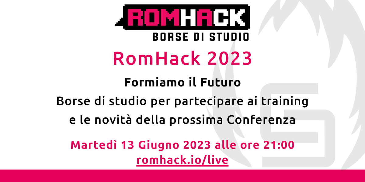 #RomHack2023 Formiamo il Futuro

Il 13 Giugno saremo di nuovo in live, per parlarvi delle novità di RomHack e rispondere alle vostre domande sull’iniziativa riservata ai giovani studenti Formiamo il Futuro!

Non mancate martedì 13 Giugno dalle ore 21:00
romhack.io/live