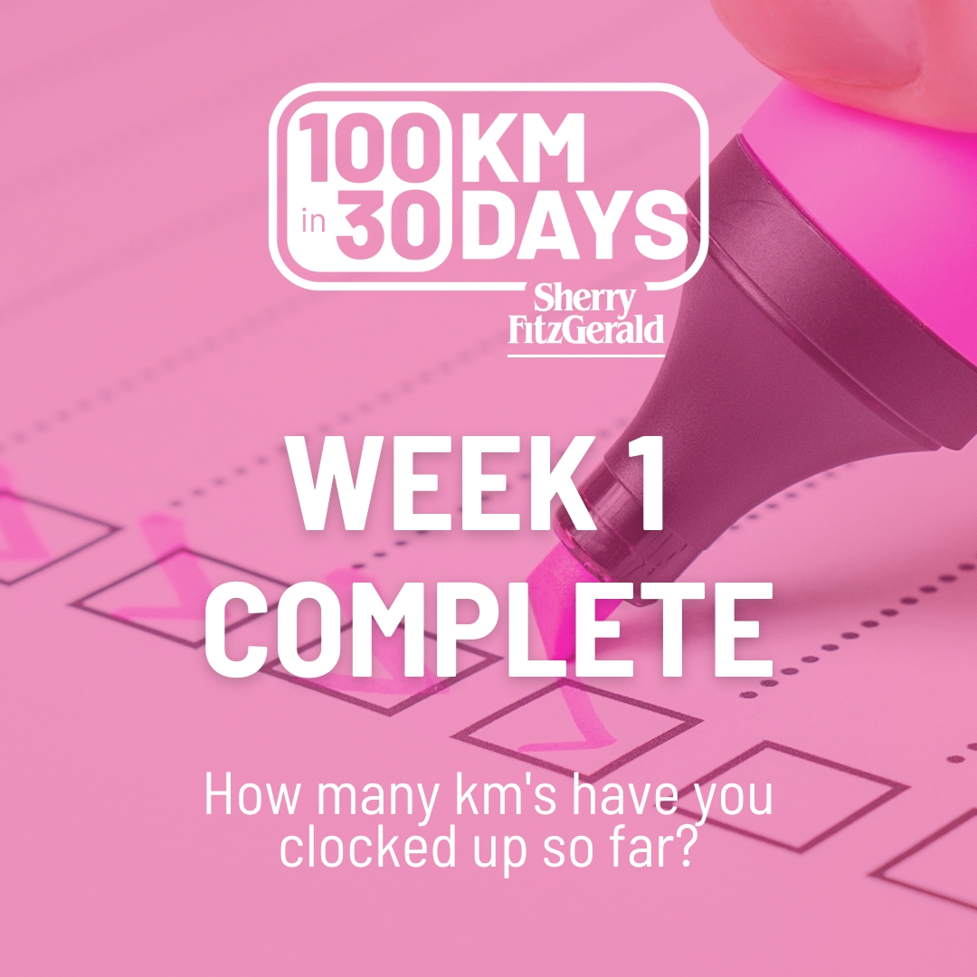 1 WEEK IN 💗 How many miles have you clocked already? ⏱️ The event is open to all! You can walk, run or wheel the 100km, all in aid of @MarieKeating Register today at 100kin30days.ie – it’s not too late 👟 @100kin30days #sherryfitz #100kin30days #pinkarmy