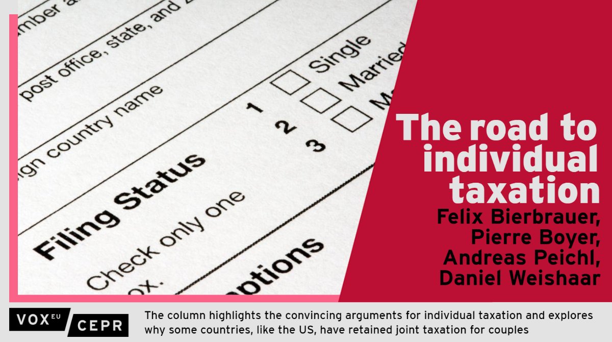 VoxEU (@voxeu) on Twitter photo This column highlights the convincing arguments for individual taxation & explores why some countries, like the US, have retained joint taxation for couples.
<a href="/fixbierbrauer/">Felix Bierbrauer</a> <a href="/UniCologne/">Universität zu Köln</a>, <a href="/pierrecboyer/">Pierre Boyer</a> <a href="/Polytechnique/">École polytechnique</a>, <a href="/APeichl/">Andreas Peichl</a>, <a href="/Weishaar_Daniel/">Daniel Weishaar</a> <a href="/LMU_Muenchen/">Universität München</a>
ow.ly/E0HR50OHBR7 This column highlights the convincing arguments for individual taxation & explores why some countries, like the US, have retained joint taxation for couples.
<a href="/fixbierbrauer/">Felix Bierbrauer</a> <a href="/UniCologne/">Universität zu Köln</a>, <a href="/pierrecboyer/">Pierre Boyer</a> <a href="/Polytechnique/">École polytechnique</a>, <a href="/APeichl/">Andreas Peichl</a>, <a href="/Weishaar_Daniel/">Daniel Weishaar</a> <a href="/LMU_Muenchen/">Universität München</a>
ow.ly/E0HR50OHBR7