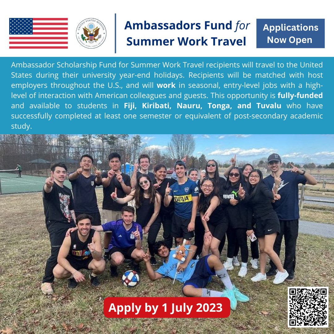 #OpportunityAlert for students in 🇫🇯🇰🇮🇳🇷🇹🇴🇹🇻!  

Work, live, and learn in the U.S. through the Ambassadors Scholarship Fund for Summer Work Travel during the university year-end holidays. 

➡️ Learn more: rb.gy/jsbje  
❗️ Apply by: July 1st