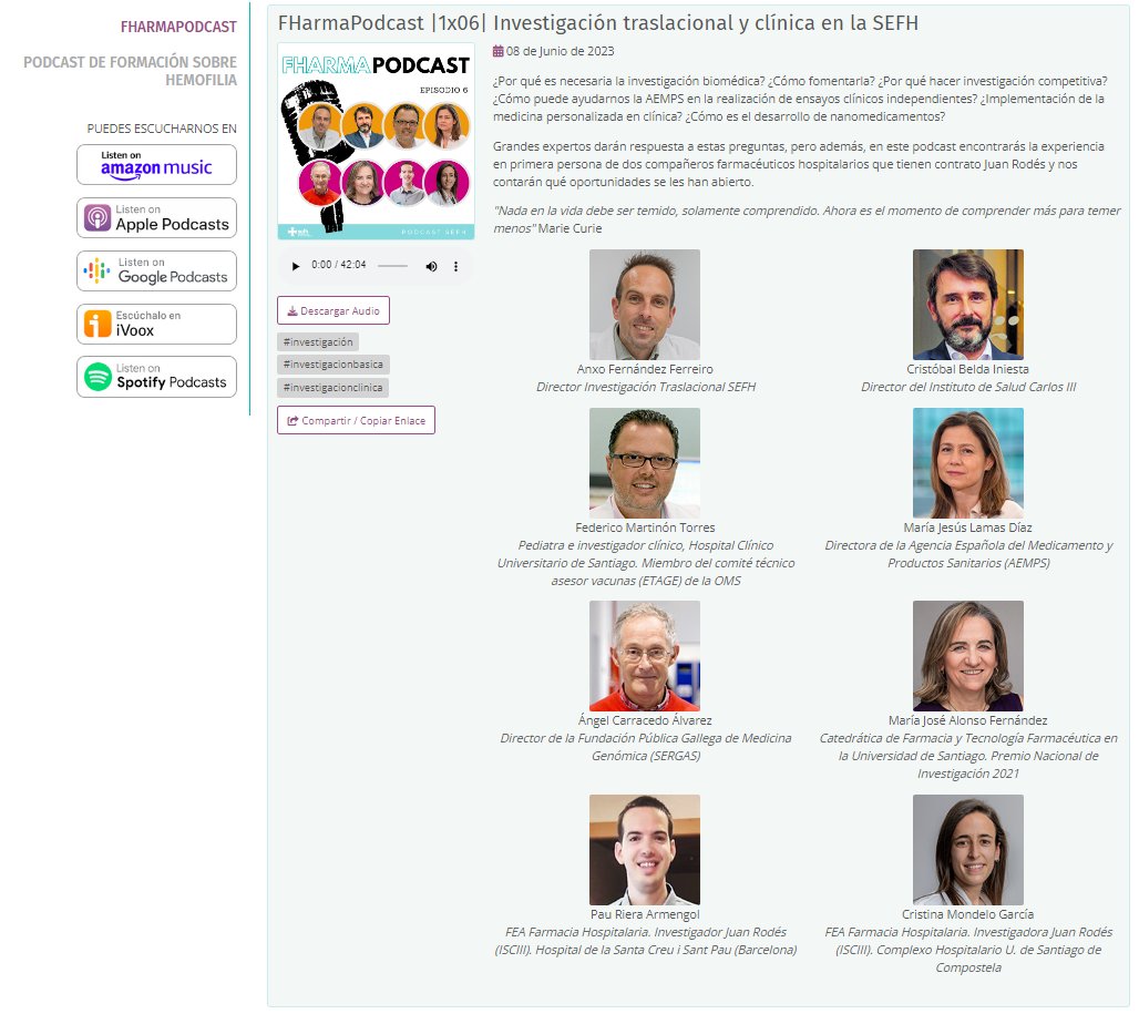 🆕Nuevo episodio de #FHarmaPodcast 👉🏻 |1x06| Investigación traslacional y clínica en la SEFH

Gracias a <a href="/AnxoFF/">Anxo Fernández Ferreiro 💊</a> #CristobalBelda <a href="/fedemartinon/">Federico Martinón-Torres</a> @chuslamas #AngelCarracedo @MariaJ_Alonso <a href="/PauRieraA/">Pau Riera Armengol</a> <a href="/cris_mondelo/">Cristina Mondelo</a>

🎙🎙Disponible en nuestra web y en principales plataformas de podcast