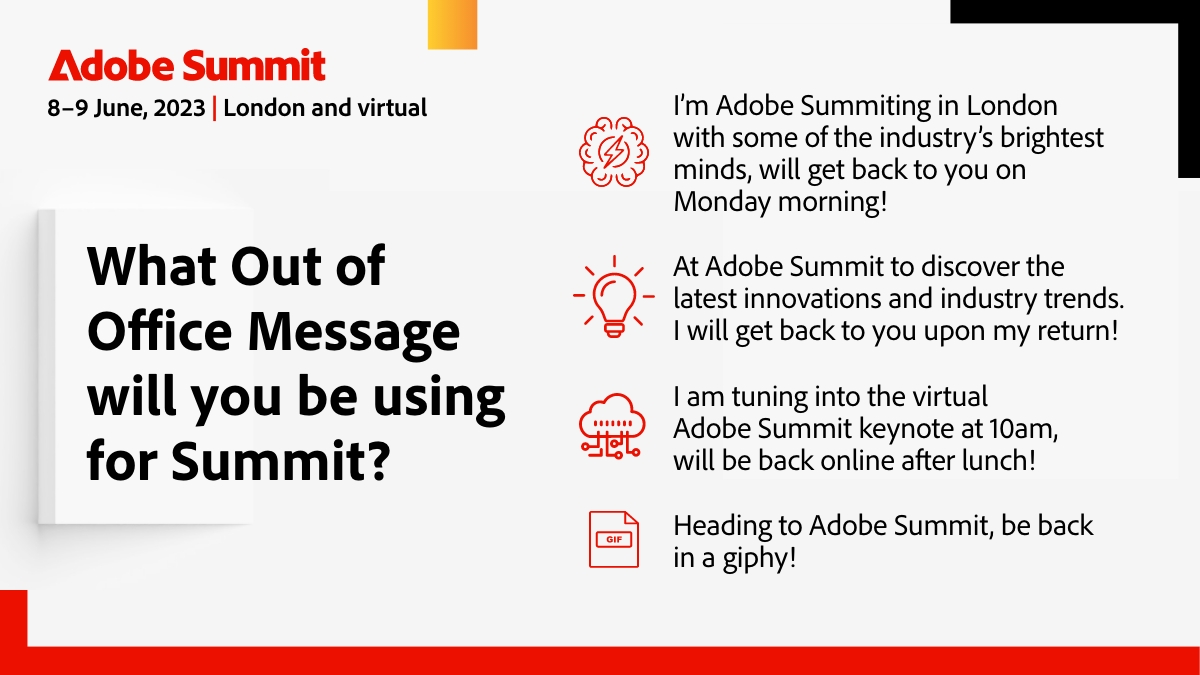 Sorry, ich kann nicht reden - wir sind auf dem Adobe Summit in London✋! Bevor du zum #AdobeSummitEMEA gehst, solltest du deine OOO-Nachricht einrichten. Welche Nachricht verwendest du?

📎 adobe.ly/45ZyAAL