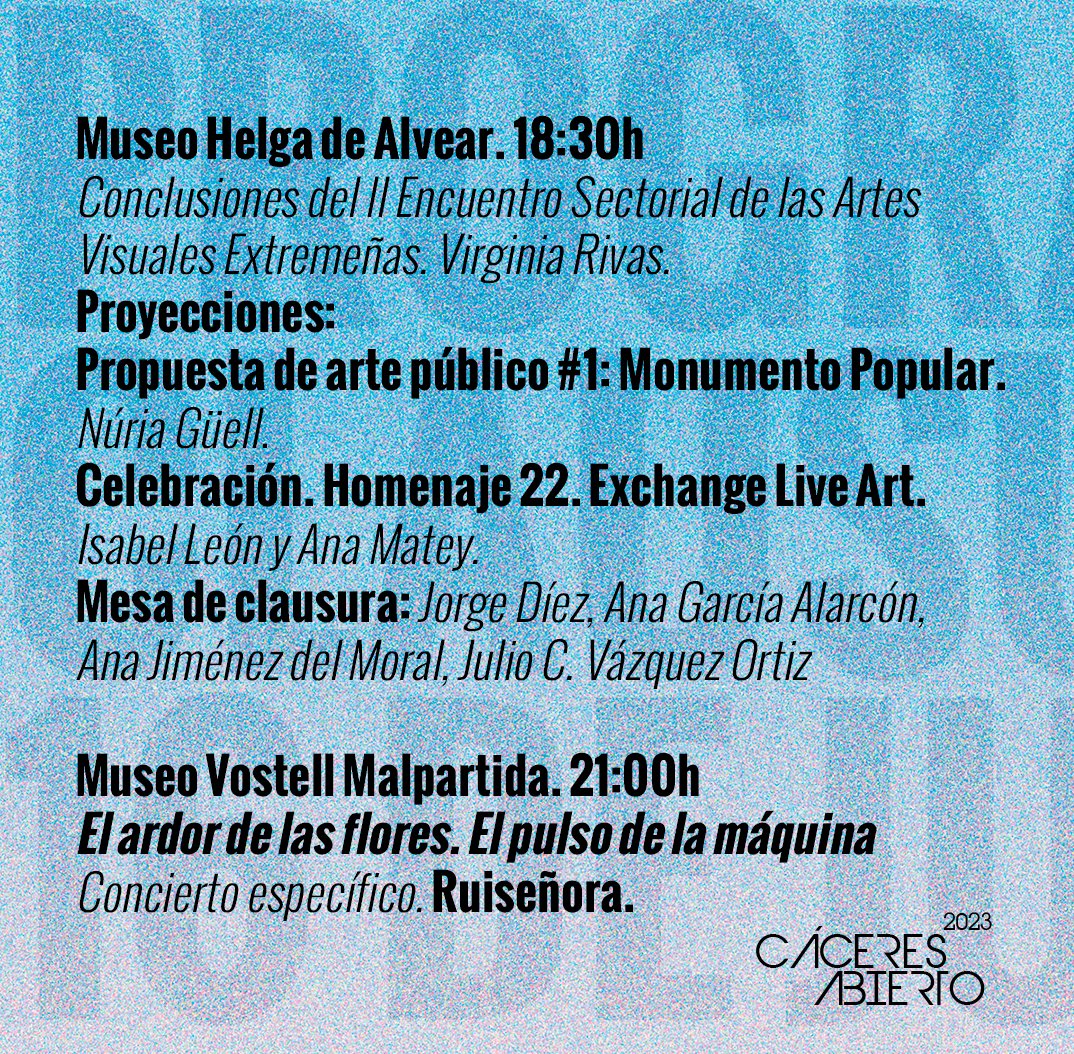 Esta es la programación de las actividades de clausura del próximo 16 de junio  que tendrán lugar en el <a href="/MuseoHAlvear/">Museo Helga de Alvear</a>  con proyecciones, mesas redondas y en <a href="/Museo_Vostell/">MuseoVostell Oficial</a>  con el concierto de <a href="/ruisegnora/">Ruiseñora</a>