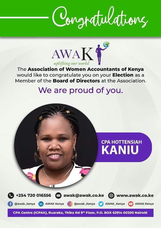 Congratulations🎉 to CPA @HottensiahKaniu on being re-elected to the Board of Directors for a second term.

Position: Board of Directors
Period: 2023 - 2025

Want to join the Association? Link✍️
awak.co.ke/membership/
#awakupliftingourworld #ICPAK  #governance  
#WomenLead