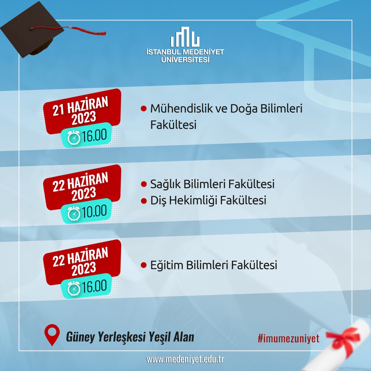 🎓Mezuniyet heyecanı başlıyor! 19-20-21-22 Haziran’da mezuniyet töreninde buluşuyoruz.
#imumezuniyet #üniversitemedeniyettir