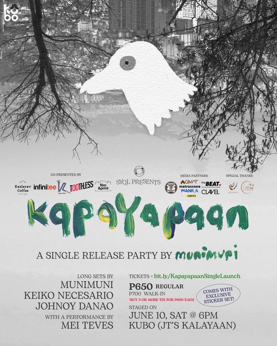 munitheband's tweet photo. Special thanks to our Sponsors and Media Partners for the Munimuni Kapayapaan Single Launch! 🤍

🎫 TICKETS https://t.co/vLErvRjtDW 
📌 June 10 @ Kubo (JTs Manukan Kalayaan) QC

Mabigyan lang sana ng kapayapaan ang isip 🐦‍⬛ https://t.co/nFJpBkTALc