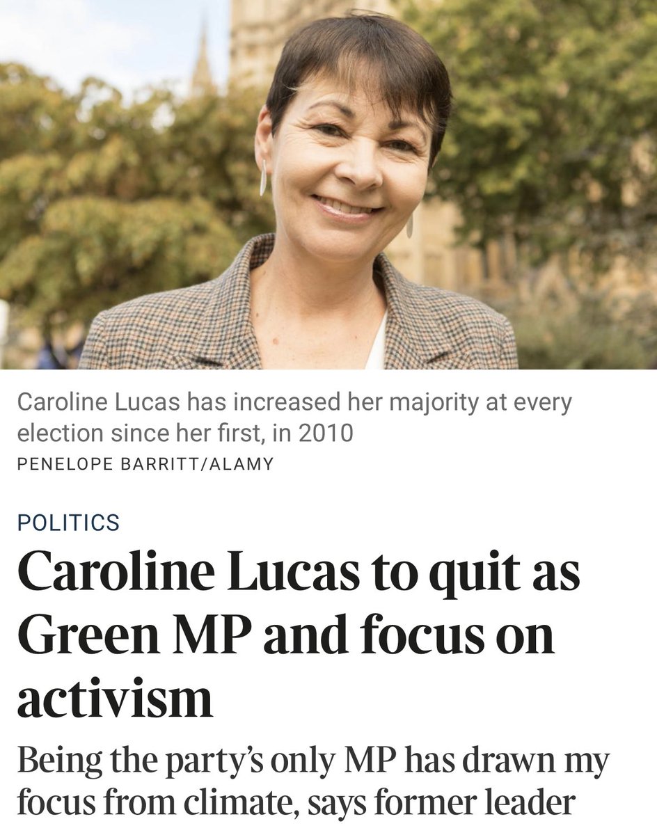 Interesting and disturbing that Caroline Lucas feels she will make more difference to the environment by leaving parliament.  

If we had PR, I am sure she would not be the only Green MP. 

This tyranny of the bare majority in parliament has got to end.