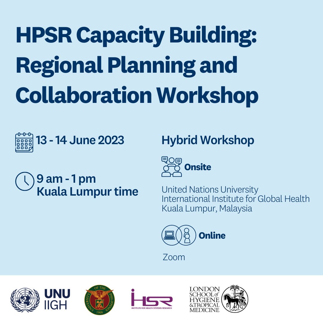 Dina Balabanova (@dinabalabanova) on Twitter photo Join our workshop 13/14 June on how can the Health Policy and Systems Research (HPSR) capacity be accelerated in Malaysia and the Western Pacific region to strengthen health systems
Led by UNU-IIGH, UP Manila, <a href="/ihsr_my/">Institute for Health Systems Research</a> <a href="/LSHTM/">London School of Hygiene & Tropical Medicine</a>
Register here: go.unu.edu/9JCtr
<a href="/H_S_Global/">Health Systems Global</a> Join our workshop 13/14 June on how can the Health Policy and Systems Research (HPSR) capacity be accelerated in Malaysia and the Western Pacific region to strengthen health systems
Led by UNU-IIGH, UP Manila, <a href="/ihsr_my/">Institute for Health Systems Research</a> <a href="/LSHTM/">London School of Hygiene & Tropical Medicine</a>
Register here: go.unu.edu/9JCtr
<a href="/H_S_Global/">Health Systems Global</a>