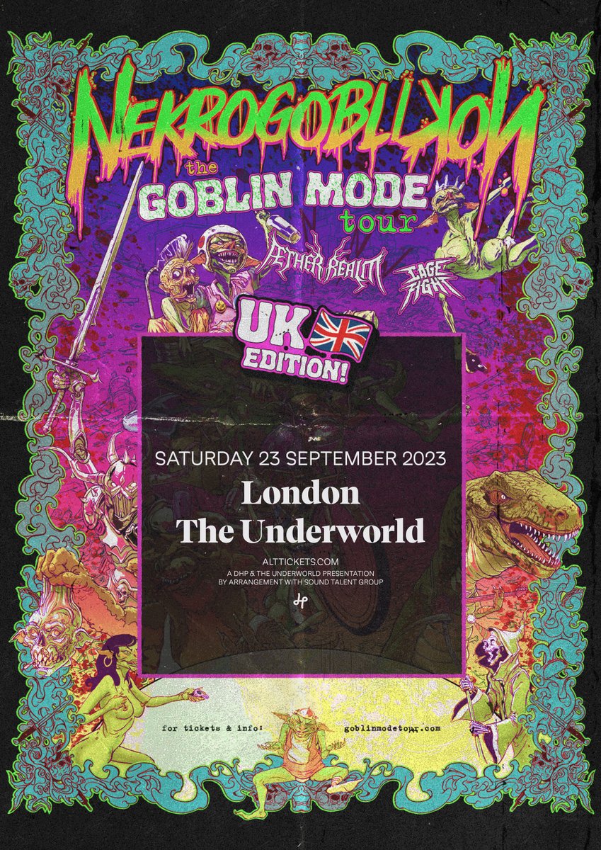 On Sale Now! 🔥 Announcing LA sef-proclaimed 'Kings of Goblin Metal' @Nekrogoblikon - The Goblin Mode Tour joined by @AetherRealm and @CageFightLdn, live at @TheUnderworld, Saturday 23rd September. 🎟️ bit.ly/3Cn2Zek @DHPfamily 🎶 spoti.fi/3dIotnj