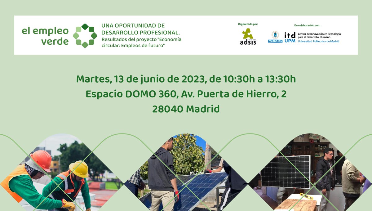 ♻️El 13/06 junto con <a href="/FundacionAdsis/">Fundación Adsis</a> organizamos la jornada "El #EmpleoVerde, una oportunidad de desarrollo profesional", sobre las oportunidades de empleabilidad de la #EconomíaCircular. ¿Nos acompañas?

📄Programa: lnkd.in/d5C64DrD
✍Inscripción: lnkd.in/d76u_Tim