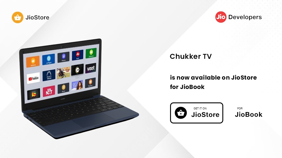 Excited to share that our JioDevelopers GrowthPad Program's, Chukker TV App is now available on JioStore for JioBook device users across India.

#Jio #JioPlatforms #JioDevelopers #JioBook #JioStore #ChukkerTV #JPL #GrowthPad #Entrepreneurship #Startups #Reliance #BuildforBharat