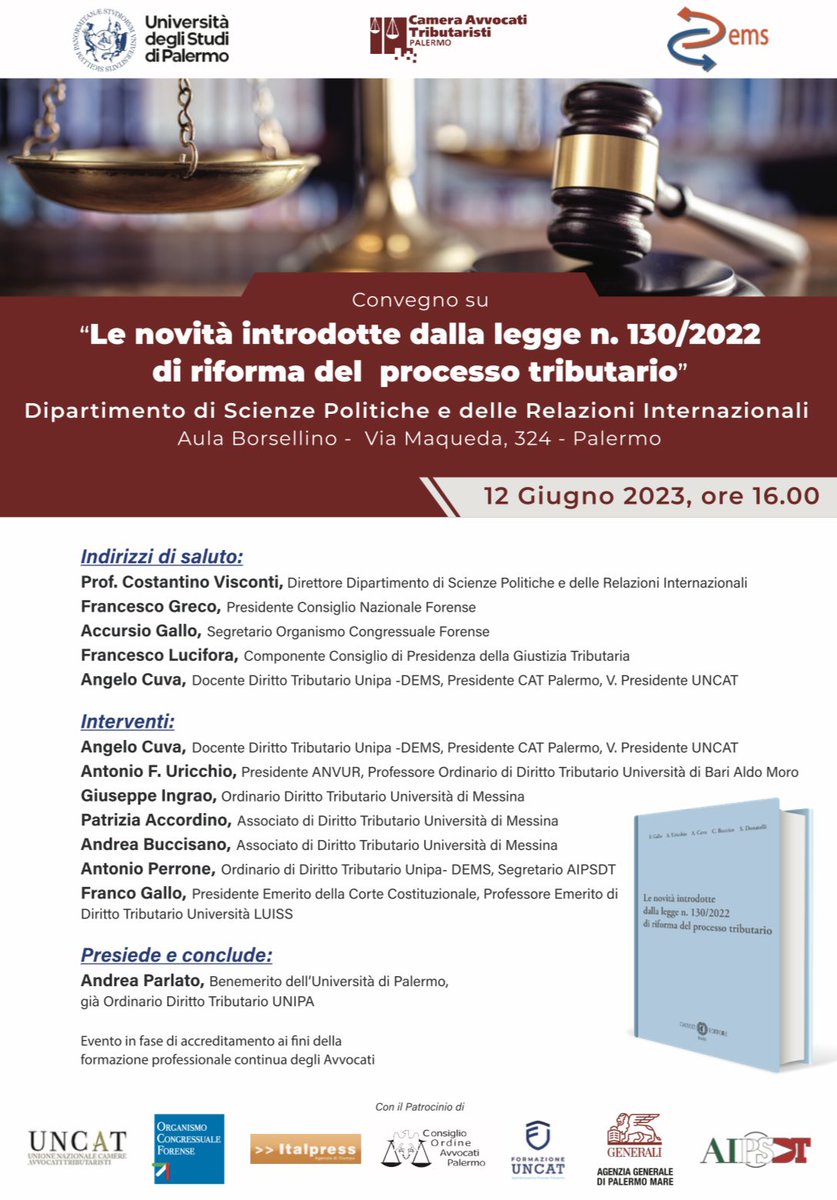 ocforganismo's tweet photo. 🔵”Le novità introdotte dalla legge n. 130/2022 di riforma del processo tributario”🔵

📌Questo il nome del convegno che si terrà il 12/06/2023 presso il Dipartimento di Scienze Politiche, Aula Borsellino, a Palermo.

#ocf #ocforganismo #nordio #processotributario #giustizia https://t.co/8YH2DW6cZQ