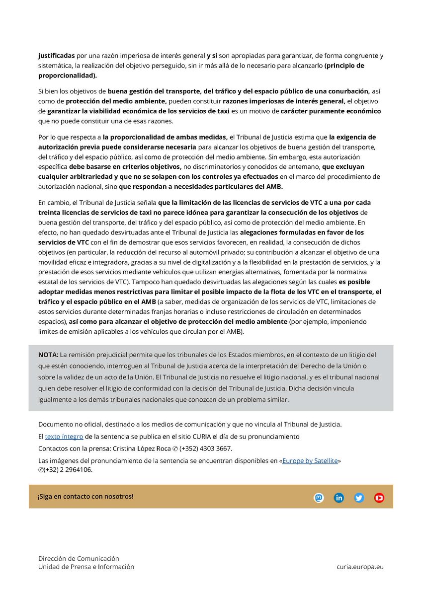 1. La limitación del número de licencias de servicios de vehículos de turismo con conductor en la conurbación de Barcelona es contraria al Derecho de la Unión Europea

[Recordemos que el Tribunal Supremo español la había dado por buena en una infame Sent. de 4 de junio de 2018]