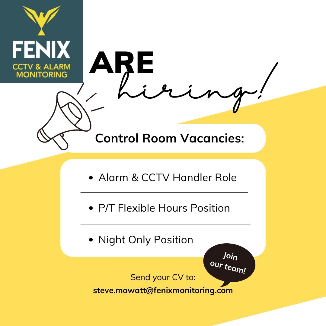 fenixmonitoring's tweet image. Fenix are growing &amp;amp; are on the look out for new superstars to join the existing ARC team... 

#NewOpportunity #JobVacancy #CCTVOperator #AlarmHandlerRole #FenixFamily