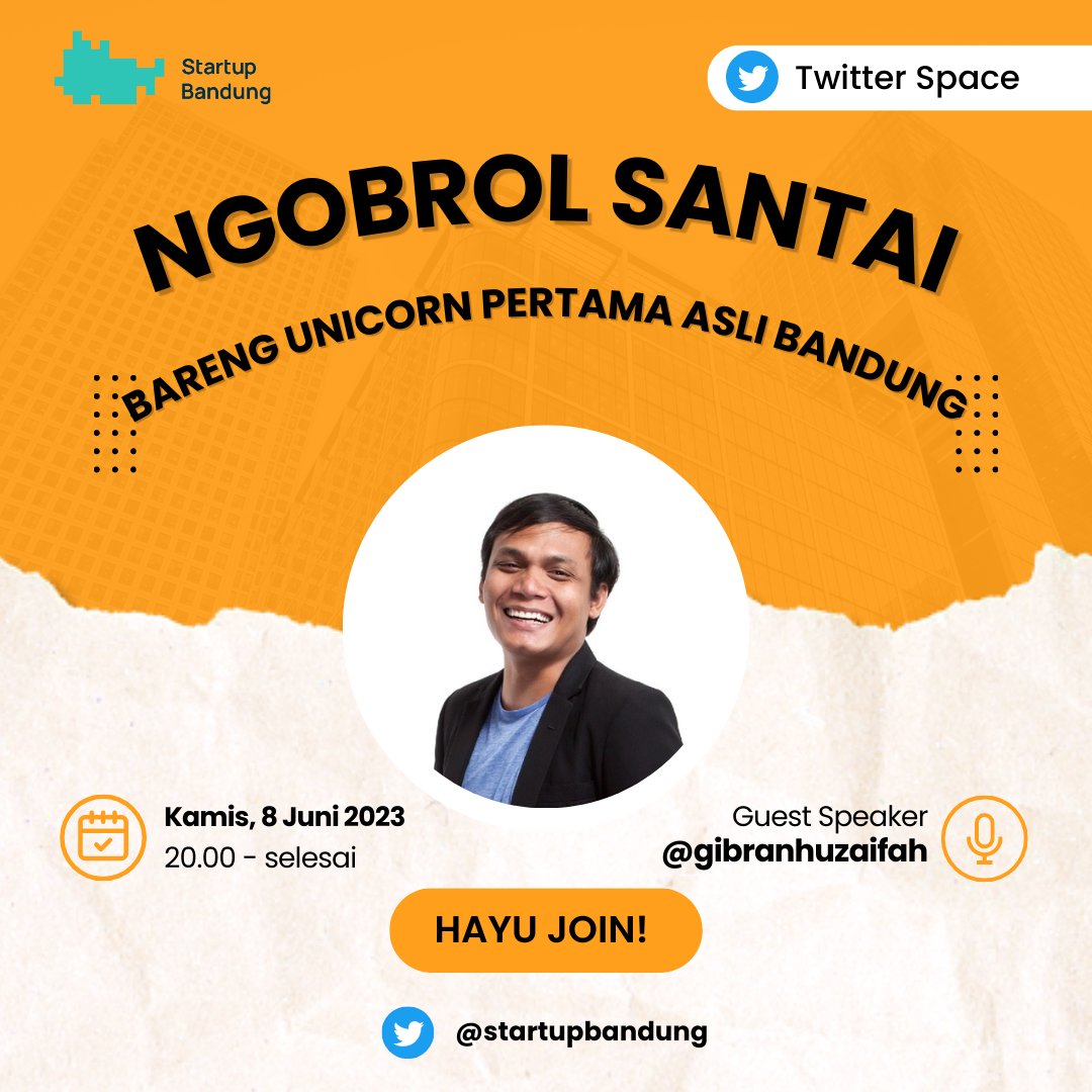StartupBandung's tweet photo. Halo, kami kembali lagi di twitter #StartupBandung dengan membawa kabar gembira! 
Yuk, kita Ngobrol Santai dengan @gibranhuzaifah yang bakal sharing seputar cerita @efishery_ai yang baru jadi Unicorn pertama dari Bandung 🦄. 
Join Space nya malem ini ya! https://t.co/DOxzvvi0XM