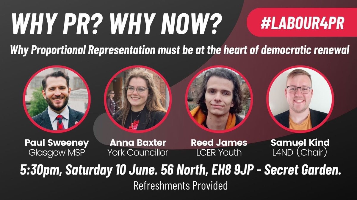 Reedjames617's tweet photo. Attending Labour Students conference? Come to @Labour4PR's fringe event, featuring special guests and refreshments 🌹

To learn about why we need Proportional Representation, what LCER is, how you can get involved and much more! Details below  👇 https://t.co/2CoAnKdgQE